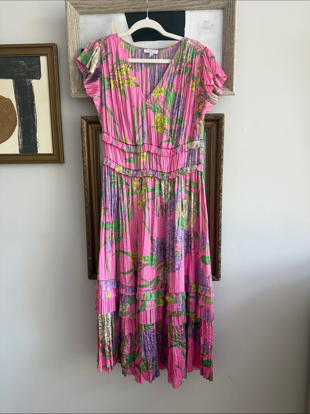 Current Air Pink Floral Pleated Maxi Dress with Green & Purple Accents